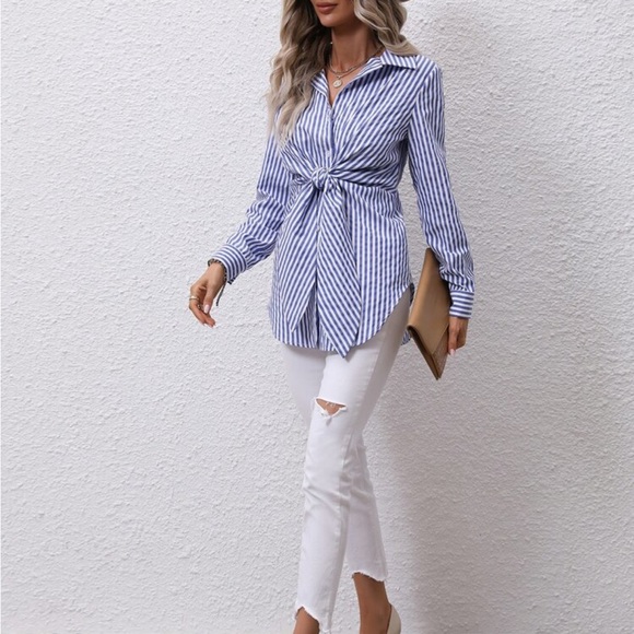 Classic Striped Knot Front Curved Hem Button Down Shirt Top Blouse - Picture 4 of 8
